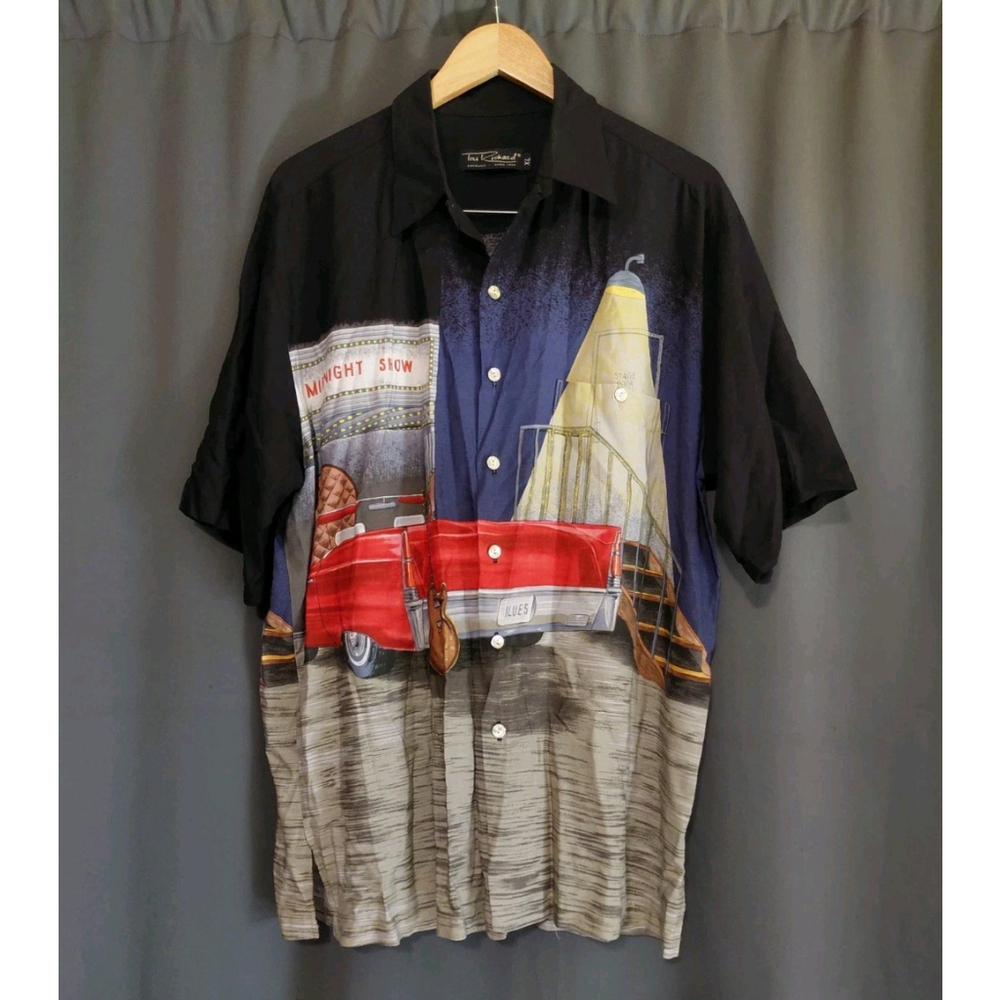 Tori Richard Hawaiian Shirt Blues Midnight Movies Cadillac Car And Guitar Sz XL